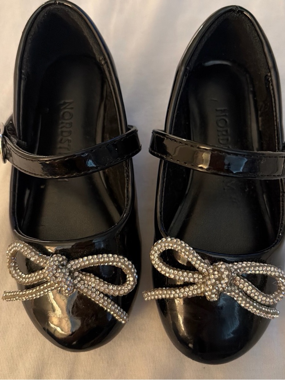 Nordstrom Black Patent Mary Janes with Crystal Bow Accents